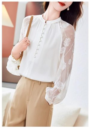 Ladies' Summer Casual Chiffon Top Long-Sleeved Office Travel Lightweight Blouse for Women