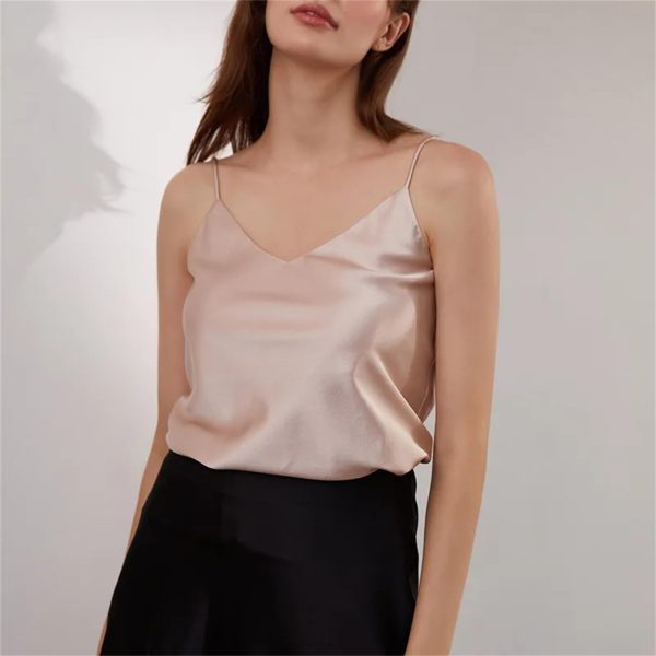 Women’s 90 Percent Mulberry Silk 10 Percent Spandex Camisole V-Neck Sleeveless Tank Top