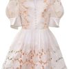 Women’s V Neck Puff Half Sleeve Ball Gown Dress Solid Intricate Floral Lace Slim Fit Dresses for Travel