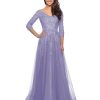 Women's Floral Lace Appliques 3/4 Sleeve Mother of The Bride Dresses Long V Neck Formal Dresses with Pockets YZTS028