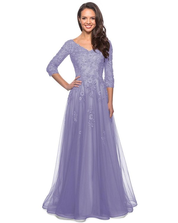 Women's Floral Lace Appliques 3/4 Sleeve Mother of The Bride Dresses Long V Neck Formal Dresses with Pockets YZTS028