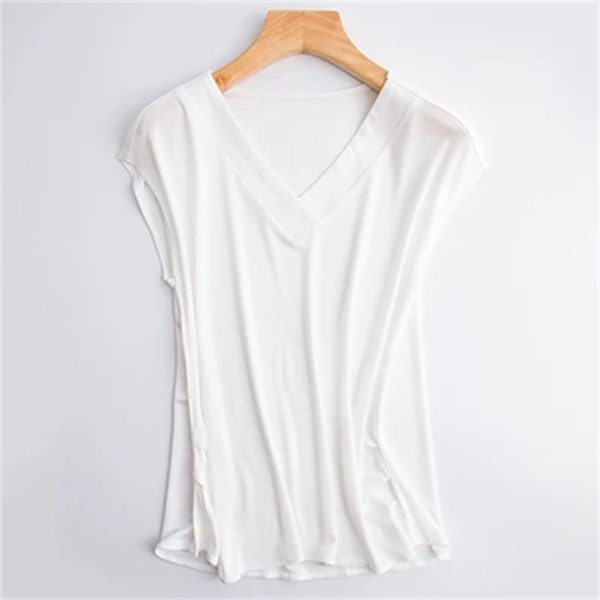 Women's Silk Tee Shirt V-Neck Sleeveless Batwing Pleated Hem Casual Top