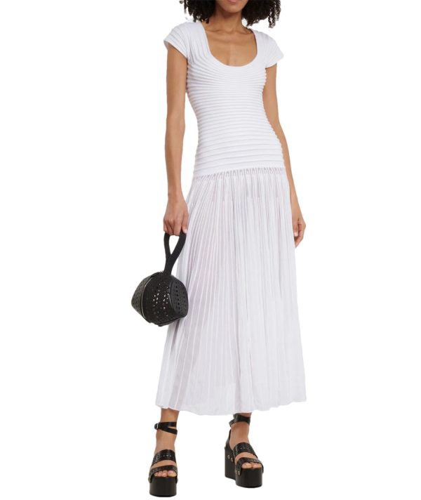 Women's Striped U-Neck Maxi Dress - Ruched High Waist A-Line Knitted Long Dress