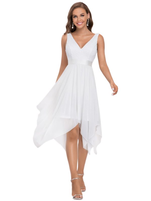 Women's Vintage V Neck Irregular Hem Lace A Line Chiffon Cocktail Dresses 00207