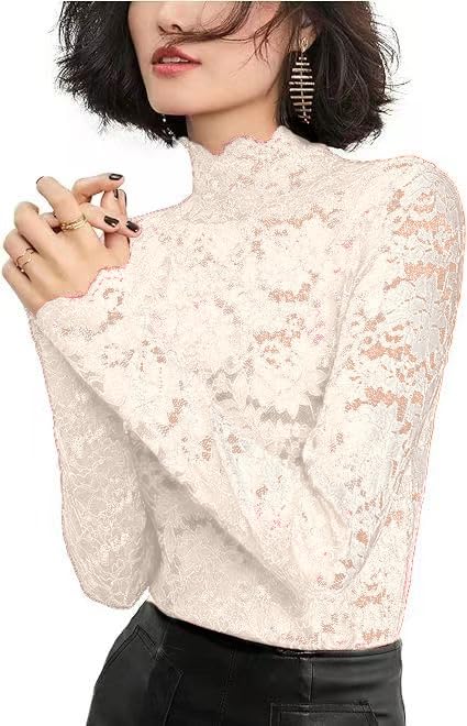 Women's Floral Lace Top Long Sleeve Mock See Through Mesh Underwear Blouse Shirt S-L