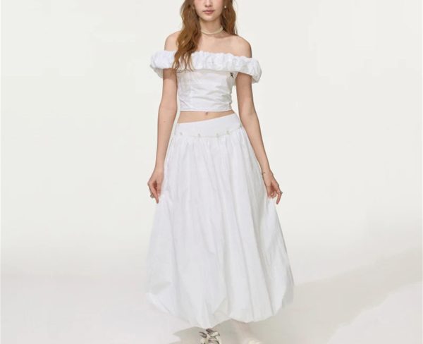 Women Off‑Shoulder Crop Top & Skirt Set, Pearl Embellished
