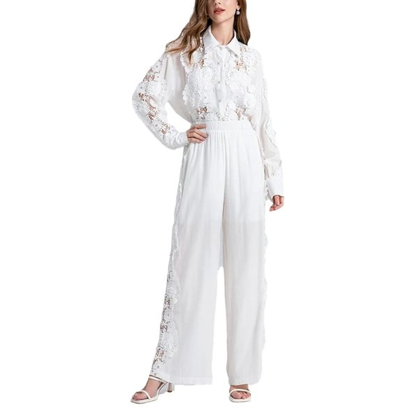 51fpisgMmL.jpg Women's Lace Shirt Set - Hollow Out Top & Elastic Waist Pants 2-Piece