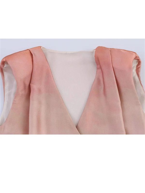 Women Printed Belted Vest & Pants Set, V‑Neck Single‑Button Top + Zipper Slim Trousers