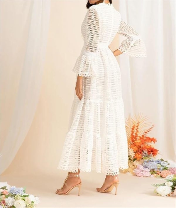 Women's White Hollow Lace Splicing Big Swing Dress Casual Flowy Beach Vacation Maxi Dresses