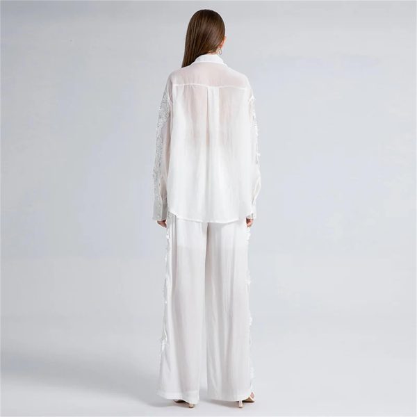 51h2PMF4lQL.jpg Women's Lace Shirt Set - Hollow Out Top & Elastic Waist Pants 2-Piece