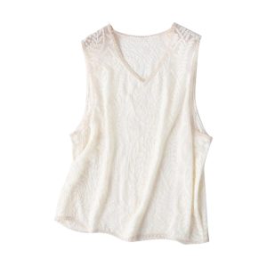 Women’s 100 Percent Mulberry Silk Embroidery Sleeveless Hollow White Vest