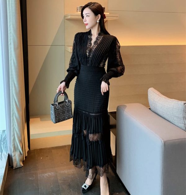 Runway Women Pleated Party Dress Spring V Neck Lantern Sleeve Chiffon Patchwork Lace Bodycon Slim Long Dress