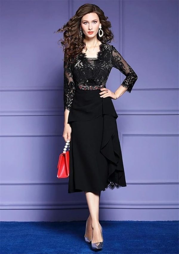 Women Elegant Cocktail Party Dress Ruffles Lace Midi Dresses Fashionable Appliques Bodycon Formal Evening Guest Outfit