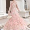 Women Floral Lace Patchwork Summer Maxi Dress Sequin Long Sleeve Crew Neck Slim Casual Dress