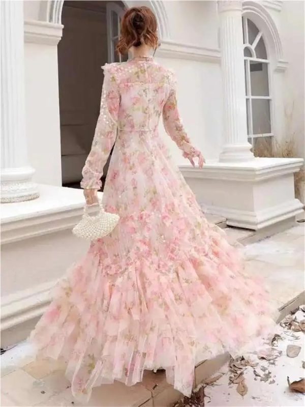 Women Floral Lace Patchwork Summer Maxi Dress Sequin Long Sleeve Crew Neck Slim Casual Dress