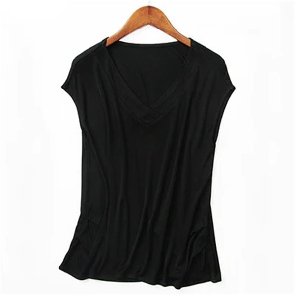 Women's Silk Tee Shirt V-Neck Sleeveless Batwing Pleated Hem Casual Top