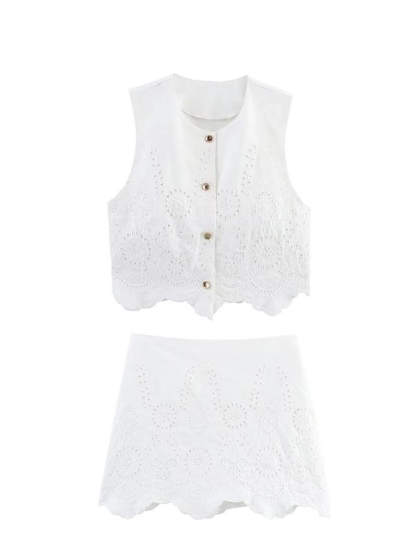 51n4IU1HL2L.jpg Women Embroidered Vest & Shorts Set, Single‑Breasted Sleeveless Top + Temperament Skirt