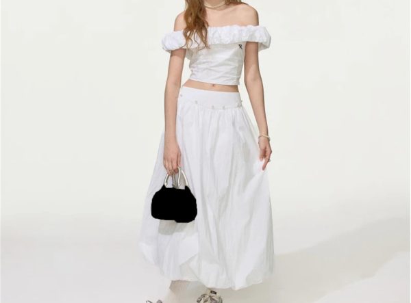Women Off‑Shoulder Crop Top & Skirt Set, Pearl Embellished
