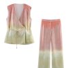Women Printed Belted Vest & Pants Set, V‑Neck Single‑Button Top + Zipper Slim Trousers