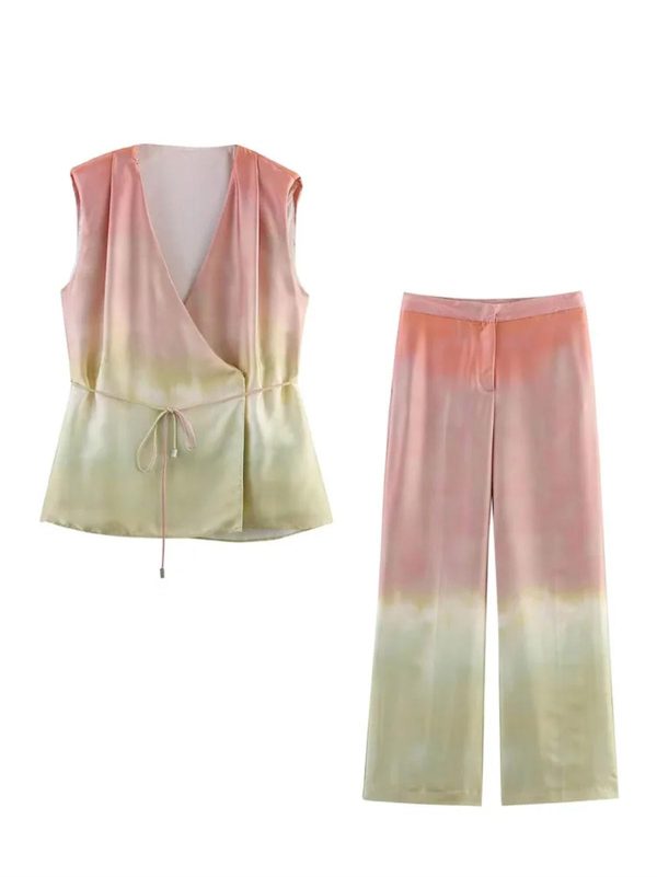Women Printed Belted Vest & Pants Set, V‑Neck Single‑Button Top + Zipper Slim Trousers