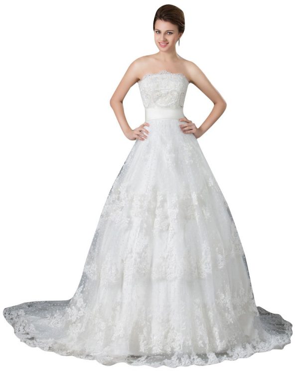 Ivory Elegant A-Line Strapless Floor-Length Chapel Lace Wedding Dresses
