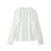 Women's White Ruffled Blouse with Elasticated Neckline Long Puff Sleeves Delicate Lace Trim Tops