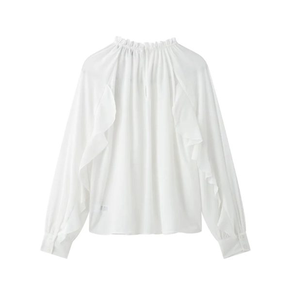 51qVW78A-L.jpg Women's White Ruffled Blouse with Elasticated Neckline Long Puff Sleeves Delicate Lace Trim Tops