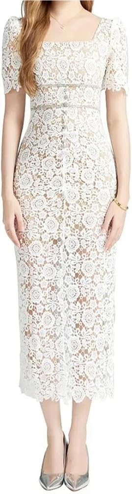 Women Slim Fit White Lace Hollow Dress Square Collar Puff Sleeve Mid Calf Fit Flare Dresses for Party(Small Short)