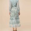 Women Vintage Lantern Sleeve Lace Maxi Dresses Sequin Mesh Ruffle Patchwork Party Dress