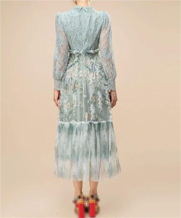 Women Vintage Lantern Sleeve Lace Maxi Dresses Sequin Mesh Ruffle Patchwork Party Dress