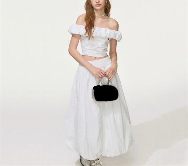 Women Off‑Shoulder Crop Top & Skirt Set, Pearl Embellished