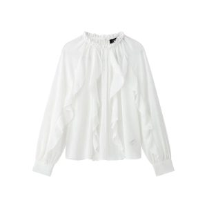 Women's White Ruffled Blouse with Elasticated Neckline Long Puff Sleeves Delicate Lace Trim Tops