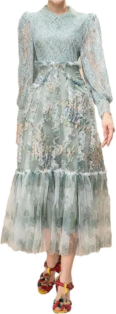 Women Vintage Lantern Sleeve Lace Maxi Dresses Sequin Mesh Ruffle Patchwork Party Dress