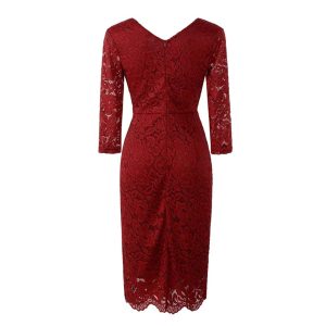 Red Elegant Lace Office Ladies Pencil Dress Vintage Women's V-Neck 3/4 Long Sleeve Slim Tight Dress