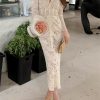 Women V Neck Long Sleeve High Waist Spliced Diamond Elegant Sexy Hollow Out Lace Slimming Dress