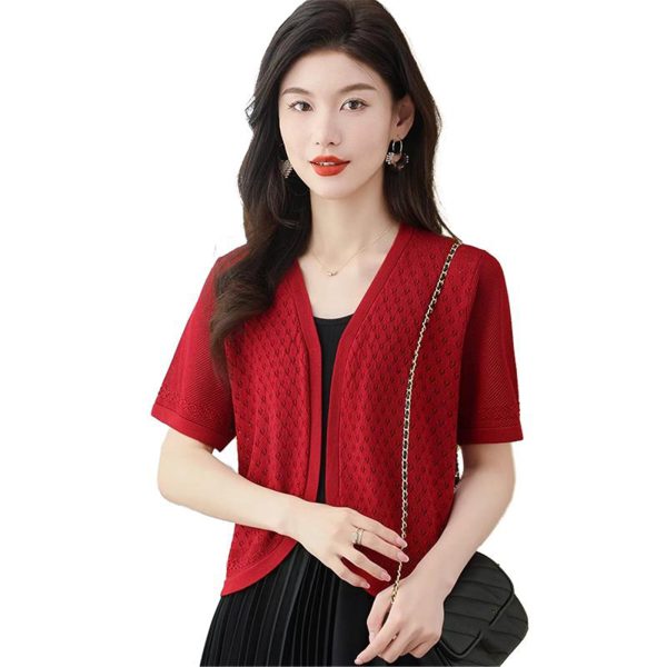 Women's Knitwear Ice Silk Shawl Summer Short Sleeve Cardigan Hollow Out Casual Top