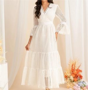 Women's White Hollow Lace Splicing Big Swing Dress Casual Flowy Beach Vacation Maxi Dresses