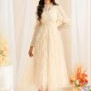Vintage Inspired Long Sleeve Dress Women's Elegant Stand Collar Lace Long Skirt Gold Polka Dot Casual Flowing Long Gown