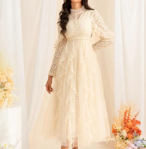 Vintage Inspired Long Sleeve Dress Women's Elegant Stand Collar Lace Long Skirt Gold Polka Dot Casual Flowing Long Gown