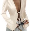 Womens Sexy Tie Front Satin Shirts Deep V Neck Silk Club Tops Long Sleeve Y2k Going Out Blouse