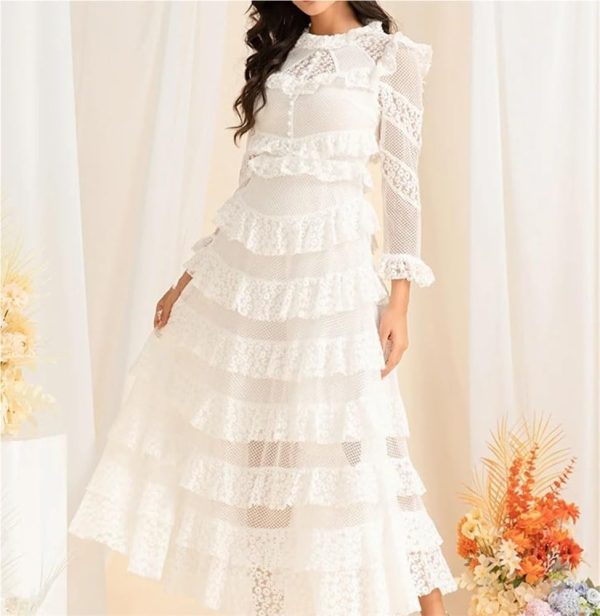 Women's White Lace Long Dress Elegant Ruffled Waist Long Sleeve Slim Fit Party Dress