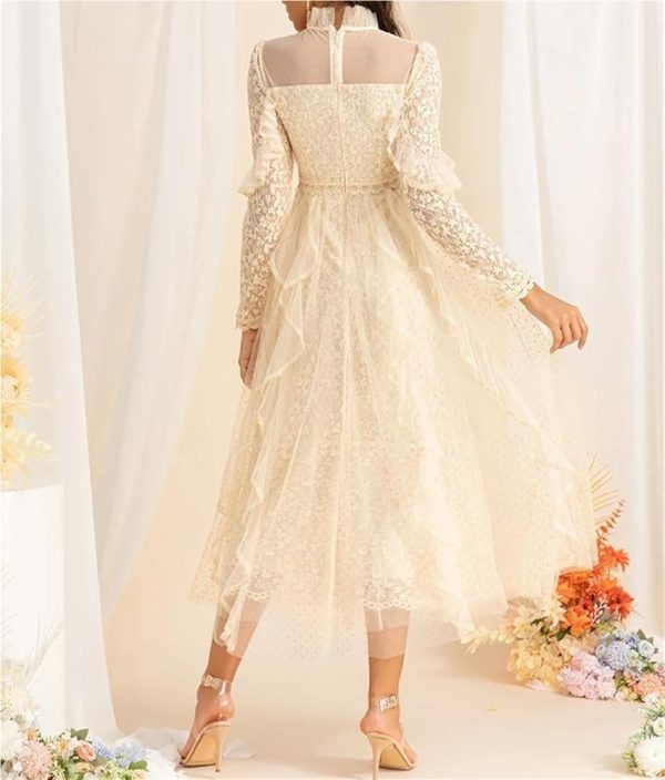 Vintage Inspired Long Sleeve Dress Women's Elegant Stand Collar Lace Long Skirt Gold Polka Dot Casual Flowing Long Gown