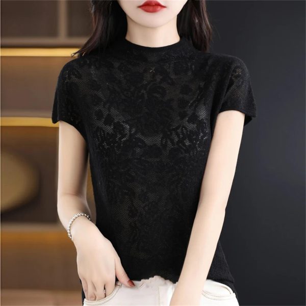 Lace Cashmere Short Sleeve Knit Pullover Thin Breathable Sweater Top