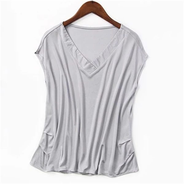 Women's Silk Tee Shirt V-Neck Sleeveless Batwing Pleated Hem Casual Top