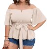 Women's Plus Size Off The Shoulder Peplum Blouse Top Half Bell Sleeve Tie Waist Ruffle Hem Babydoll Tops