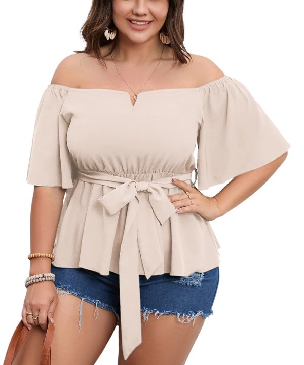 Women's Plus Size Off The Shoulder Peplum Blouse Top Half Bell Sleeve Tie Waist Ruffle Hem Babydoll Tops
