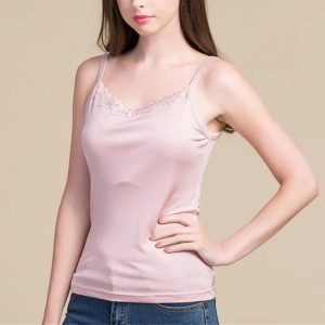 Women’s 100 Percent Mulberry Silk Knit Lace Camisole Vest Sleepwear with Straps
