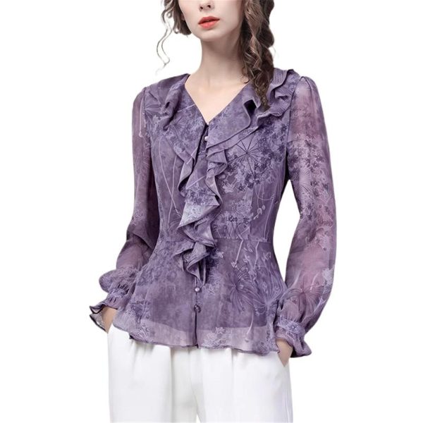 Ladies' Summer Lightweight Chiffon Top Long-Sleeved for Business Trips Soft Top Blouse for Women