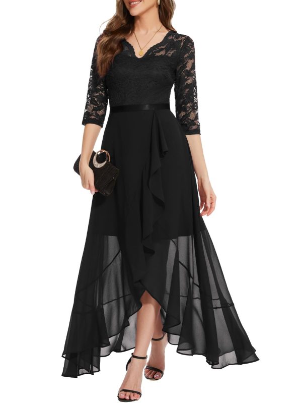 Women's V-Neck Dress for Women Wedding Guest Hi-Lo Floral Lace Prom Cocktail Party Formal Bridesmaid Dress