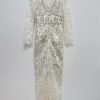 Women V Neck Long Sleeve High Waist Spliced Diamond Elegant Sexy Hollow Out Lace Slimming Dress